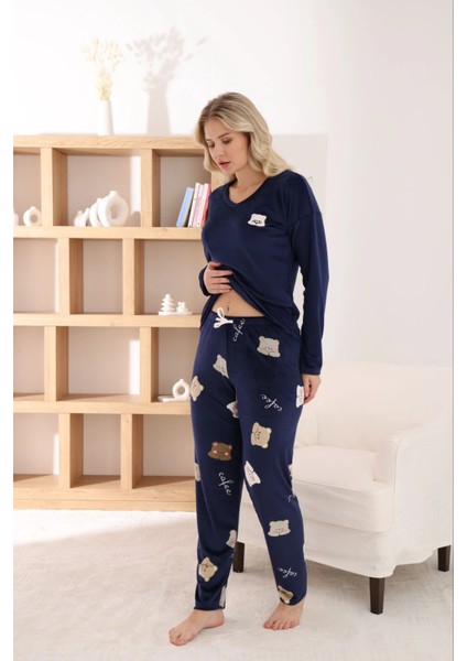 Kadın Fransız Kumaş V Yaka Ayıcık Baskılı Lacivert Pijama Takımı fiyatları