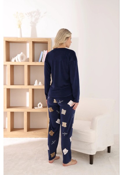 Kadın Fransız Kumaş V Yaka Ayıcık Baskılı Lacivert Pijama Takımı modelleri