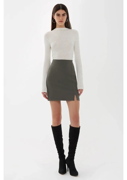 Kadın Yüksek Bel Yandan Yırtmaç Etek Gri