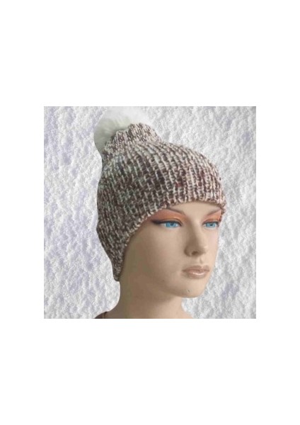 El Örgüsü Doğal Yün ve Akrilik Karışımlı Sıcacık Kış Beresi Kahve-Beyaz