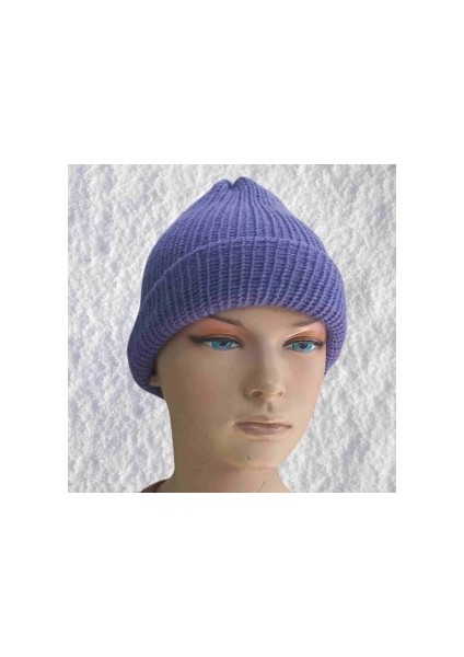 El Örgüsü Doğal Yün ve Akrilik Karışımlı Sıcacık Kış Beresi Mor Renk