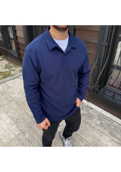 Erkek Fitilli Polar Sweatshirt – Düğmesiz Polo Yaka, Oversize Rahat Kalıp, Kalın Polar Kumaş, Kışlık ve Baharlık Şık Günlük Üst - Lacivert fiyatları