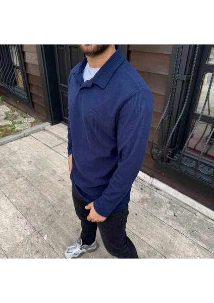 Erkek Fitilli Polar Sweatshirt – Düğmesiz Polo Yaka, Oversize Rahat Kalıp, Kalın Polar Kumaş, Kışlık ve Baharlık Şık Günlük Üst - Lacivert modelleri