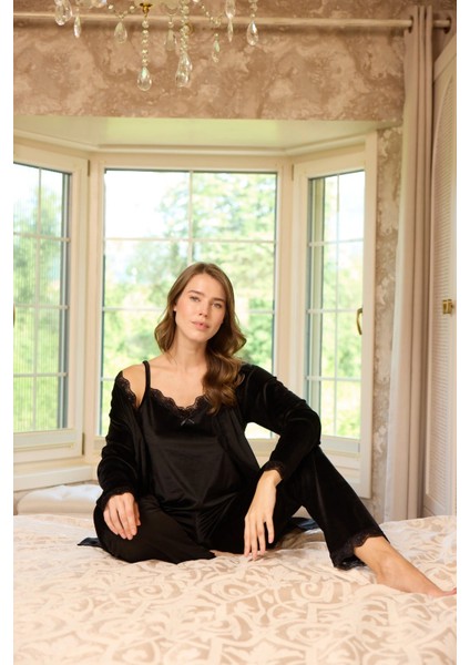 Kadın Fransız Kadife 3'lü Şık Askılı Siyah Pijama Takımı - 5545