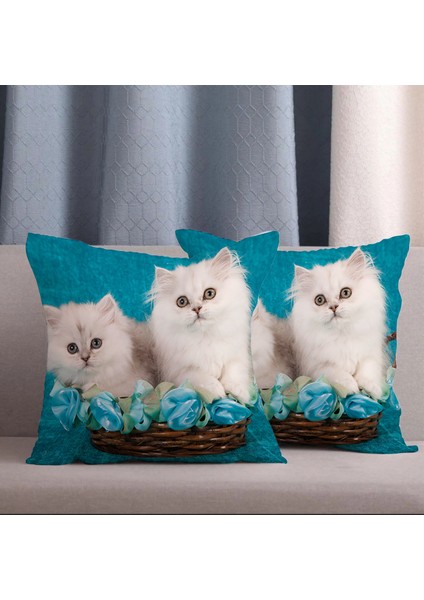 2 Li Kombin Sevimli Kedi Dijital Baskılı Kırlent Kılıfı