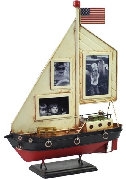 Dekoratif Resim Çerçeveli Metal Yelkenli Gemi 35CM