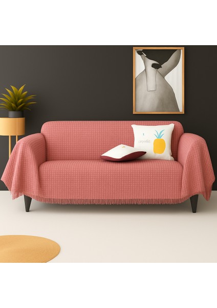 Pamuklu Dokulu Ekru Koltuk Şalı 170X220 cm – Saçaklı Tv Battaniyesi & Dekoratif Koltuk Örtüsü