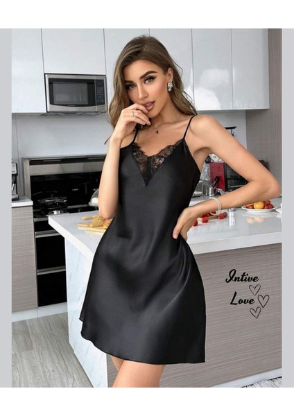 Intive Yakası V Yaka Siyah Satenden Ince Askılı Feminen Gecelik fiyatları
