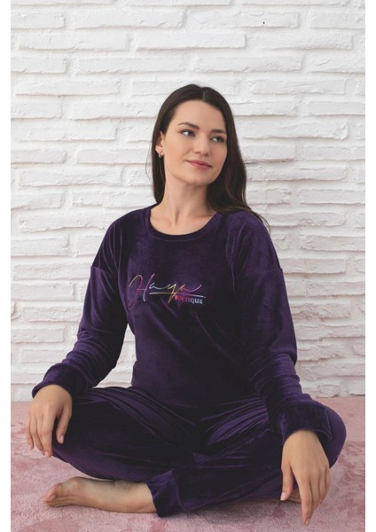 Kadın Yumuşak Kadife Bisiklet Yaka Mor Pijama Takımı