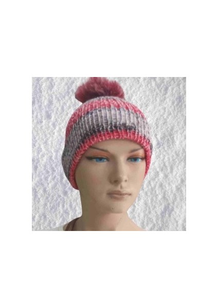 El Örgüsü Doğal Yün ve Akrilik Karışımlı Sıcacık Kış Beresi Açık Pembe Karışımlı Renk