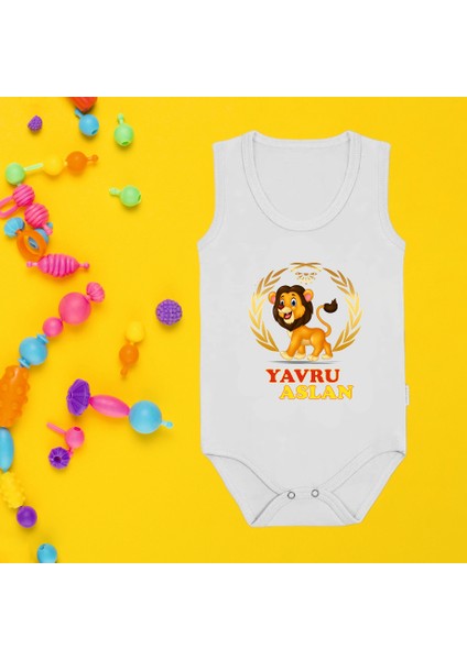 Yavru Aslan Baskılı Beyaz Pamuklu Body Çıtçıtlı Zıbın
