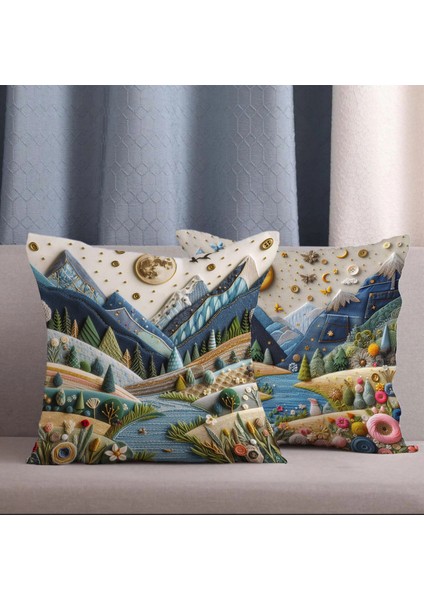 2 Li Kombin Punch Nakış Görünümlü Manzara Desen Dijital Baskılı Kırlent Kılıfı