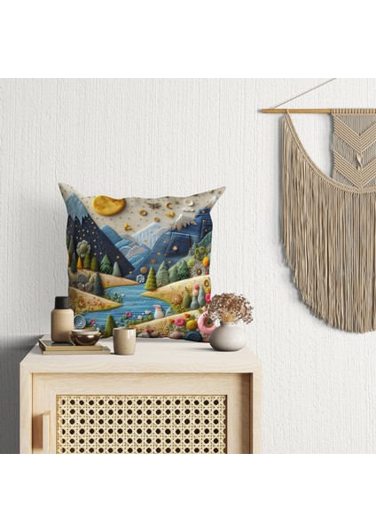 2 Li Kombin Punch Nakış Görünümlü Manzara Desen Dijital Baskılı Kırlent Kılıfı modelleri