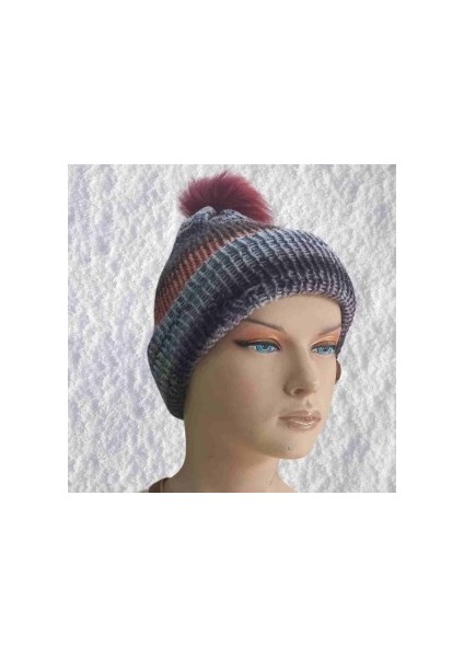 El Örgüsü Doğal Yün ve Akrilik Karışımlı Sıcacık Kış Beresi Gri Karışık Renk