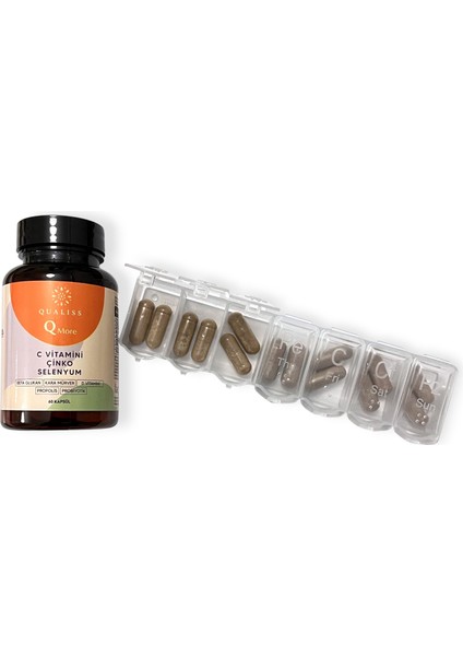 Q More Bağışıklık Destek Takviyesi | C Vitamini + Çinko + Selenyum + Propolis + Beta Glukan + Probiyotik | 60 Kapsül + Haftalık Vitamin Hap Kutusu (Set) fiyatları