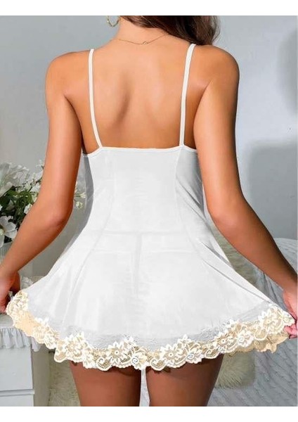Arias Closet Beyaz Dantel Işlemeli Ince Askılı Likralı Fantezi Tül Gecelik