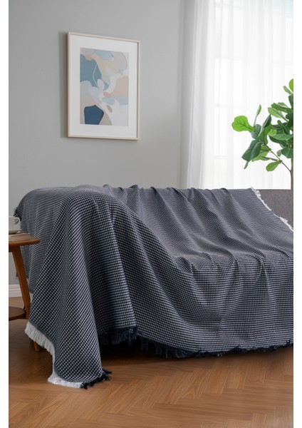 Pamuklu Dokulu Ekru Koltuk Şalı 170X220 cm – Saçaklı Tv Battaniyesi & Dekoratif Koltuk Örtüsü