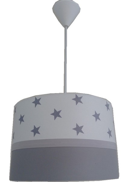 Beyaz Yıldızlı Gri Şerit M-0360 Kumaş Kaplama Çocuk Odası ve Bebek Odası Avize Aydınlatma Sarkıt