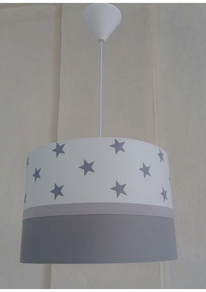 Beyaz Yıldızlı Gri Şerit M-0360 Kumaş Kaplama Çocuk Odası ve Bebek Odası Avize Aydınlatma Sarkıt modelleri