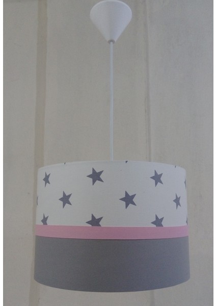 Beyaz Yıldızlı M-0361 Pembe Şerit Kumaş Kaplama Çocuk Odası ve Bebek Odası Avize Aydınlatma Sarkıt