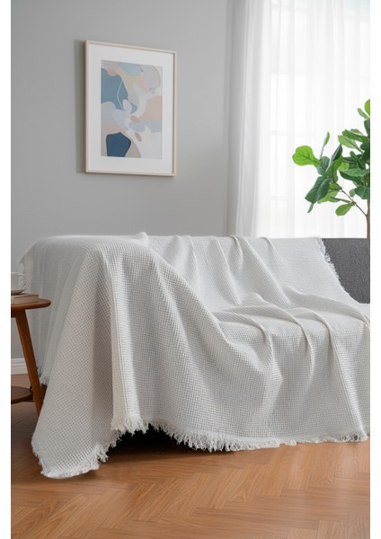 Pamuklu Dokulu Ekru Koltuk Şalı 170X220 cm – Saçaklı Tv Battaniyesi & Dekoratif Koltuk Örtüsü