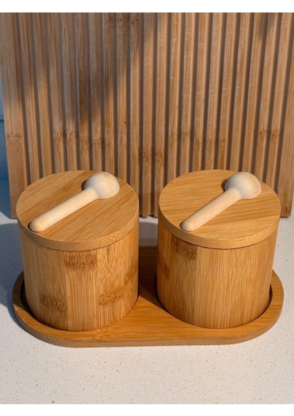 2'li Modern Standlı Bambu Baharatlık 250 ml Kaşıklı