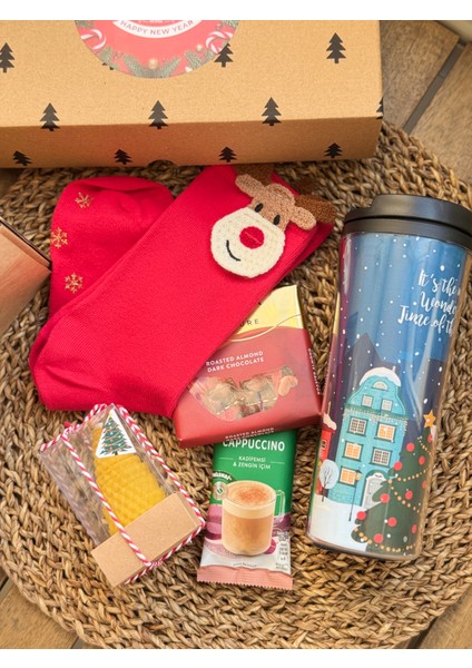 Candle Bee Design Özel Tasarım Yılbaşı Hediye Kutusu - Termos, Çikolata, Yılbaşı Çorabı, Kahve, Mum