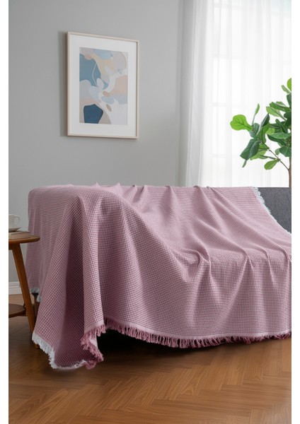 Pamuklu Dokulu Ekru Koltuk Şalı 170X220 cm – Saçaklı Tv Battaniyesi & Dekoratif Koltuk Örtüsü