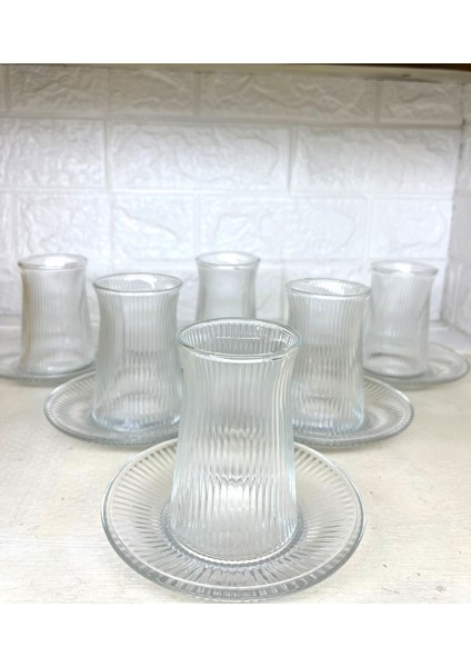 6’lı Cam Çay Bardağı ve Tabak Seti – Şeffaf, Zarif Ince Belli Çay Takımı