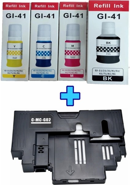 Canon Gı-41 4 Renk Muadil Takım Mürekkep + Canon MC-G02 Muadil Atık Kutusu Bakım Tankı Hediye