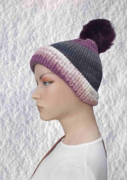 El Örgüsü Doğal Yün ve Akrilik Karışımlı Sıcacık Kış Beresi Mor Gri Karışık Renk fiyatları