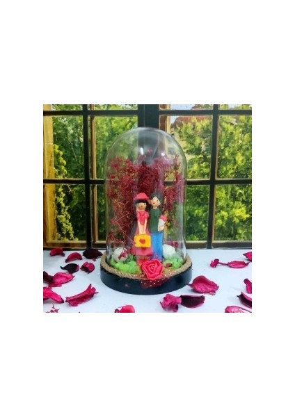 Fanus Teraryum Sevgiliye Hediye Mutlu Sevgililer Temalı Kuru Çiçekli