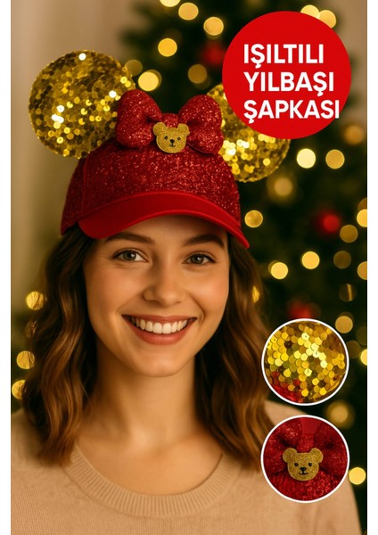Işıltılı Kırmızı Payetli Yılbaşı Şapkası – Altın Kulaklı, Kurdele ve Ayıcık Figürlü Parti Aksesuarı