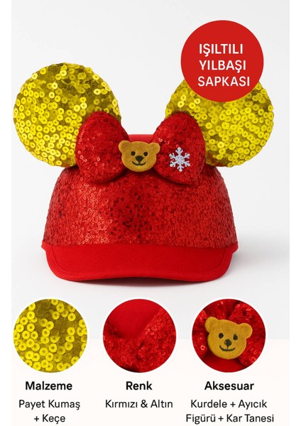 Işıltılı Kırmızı Payetli Yılbaşı Şapkası – Altın Kulaklı, Kurdele ve Ayıcık Figürlü Parti Aksesuarı fiyatları