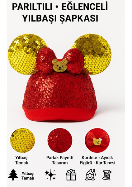Işıltılı Kırmızı Payetli Yılbaşı Şapkası – Altın Kulaklı, Kurdele ve Ayıcık Figürlü Parti Aksesuarı modelleri