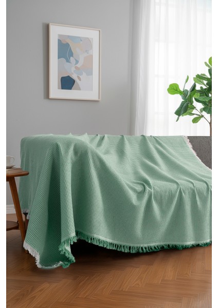 Pamuklu Dokulu Ekru Koltuk Şalı 170X220 cm – Saçaklı Tv Battaniyesi & Dekoratif Koltuk Örtüsü