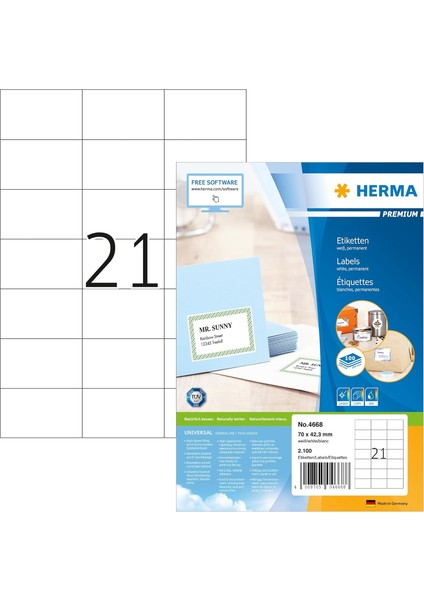 4668 Evrensel Etiket Dın A4 70 x 42,3 Mm, 100 Yaprak, Kağıt, Mat Kendinden Yapışkanlı, Basılabilir, 2.100 Yapışkan Etiket, Beyaz