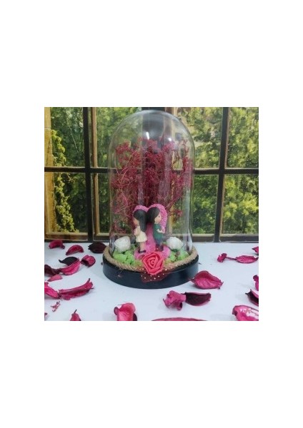 Fanus Teraryum Sevgiliye Hediye Kalp Içinde Sevgililer Temalı Kuru Çiçekli