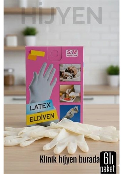 6'lı Kutulu Latex Eldiven Hijyenik, Esnek ve Çok Amaçlı Kullanım Için