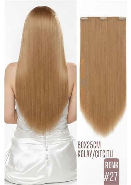 Doğal Görünümlü Düz Siyah Sentetik Kaynak Saç – RENK KOD:#27 Kolay Tak Çıkar, Işıltılı Etki!