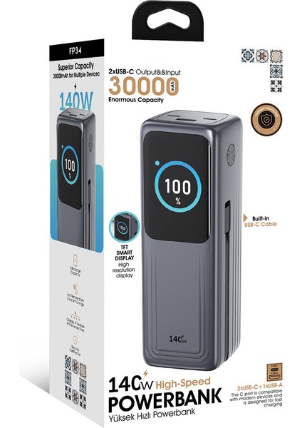 FP34 140W 30.000MAH Akıllı Ekranlı Hızlı Şarj Powerbank 2xusb-C & Dahili Kablo 4 Cihaz Şarj modelleri