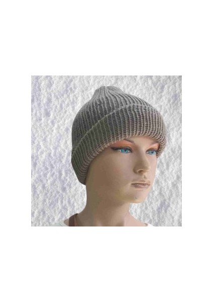 El Örgüsü Doğal Yün ve Akrilik Karışımlı Sıcacık Kış Beresi Füme Renk