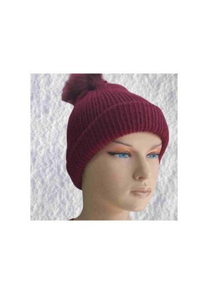 El Örgüsü Doğal Yün ve Akrilik Karışımlı Sıcacık Kış Beresi Bordo Renk