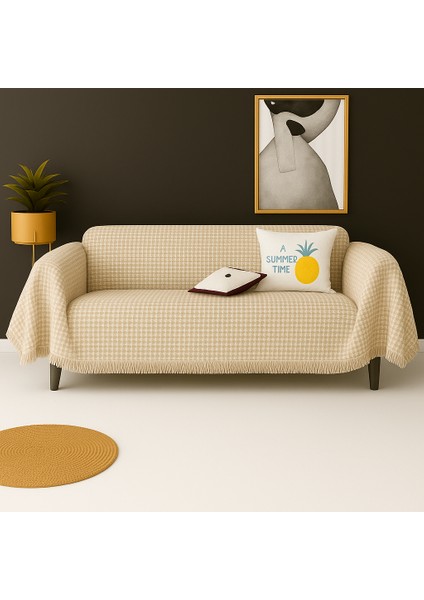 Pamuklu Dokulu Ekru Koltuk Şalı 170X220 cm – Saçaklı Tv Battaniyesi & Dekoratif Koltuk Örtüsü