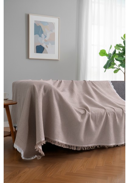 Pamuklu Dokulu Ekru Koltuk Şalı 170X220 cm – Saçaklı Tv Battaniyesi & Dekoratif Koltuk Örtüsü