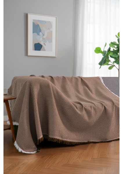 Pamuklu Dokulu Ekru Koltuk Şalı 170X220 cm – Saçaklı Tv Battaniyesi & Dekoratif Koltuk Örtüsü