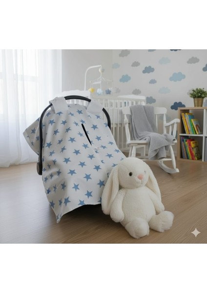 Bebek Puset Örtüsü Çift Katlı Astarlı Puset Örtüsü Mavi Yıldız Desenli Çıt Çıtlı Puset Örtüsü