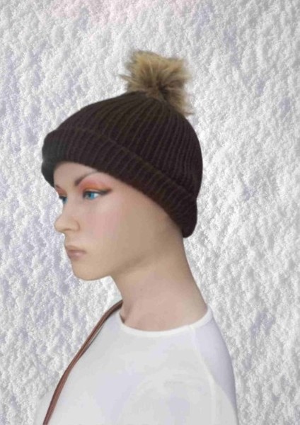 El Örgüsü Doğal Yün ve Akrilik Karışımlı Sıcacık Kış Beresi Kahverengi Renk fiyatları