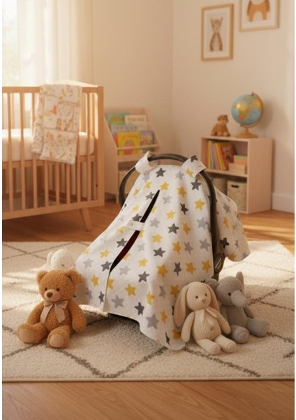 Bebek Puset Örtüsü Çift Katlı Astarlı Puset Örtüsü Sarı Yıldız Desenli Çıt Çıtlı Puset Örtüsü