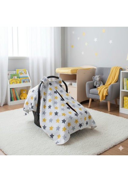 Bebek Puset Örtüsü Çift Katlı Astarlı Puset Örtüsü Sarı Yıldız Desenli Çıt Çıtlı Puset Örtüsü